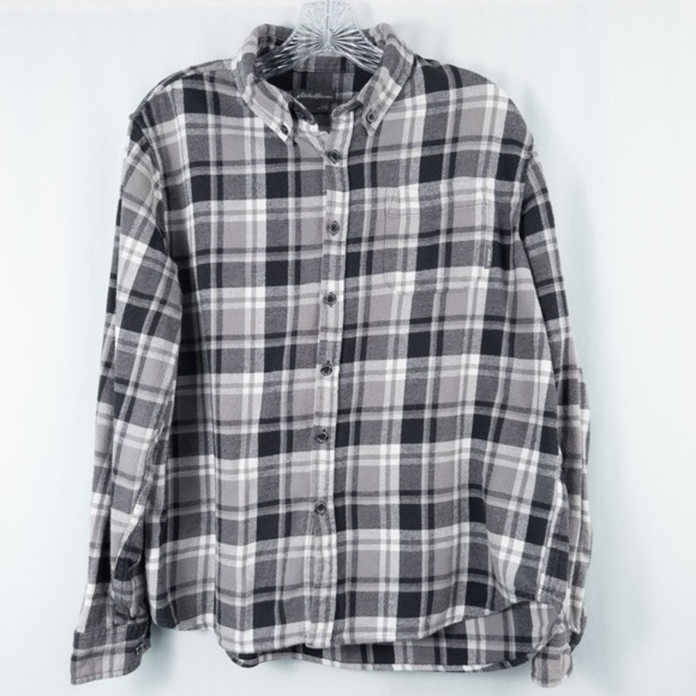 Eddie Bauer Mens Everyday Flex Flannel Plaid Button Down Shirt Large Gray Cotton